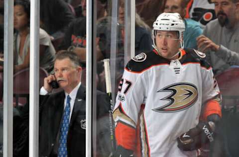 PHILADELPHIA, PA: Nick Ritchie #37 of the Anaheim Ducks looks on from the penalty box on October 24, 2017. (Photo by Len Redkoles/NHLI via Getty Images)