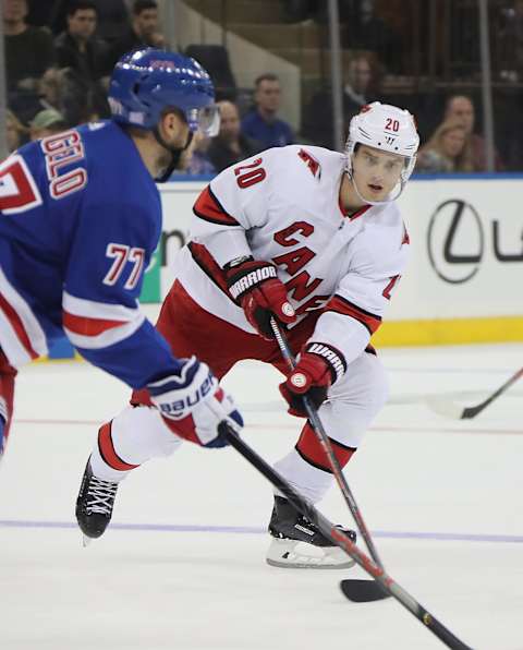 NEW YORK, NEW YORK – NOVEMBER 27: Sebastian Aho #20 of the Carolina Hurricanes skates against the New York Rangers at Madison Square Garden on November 27, 2019 in New York City. The Rangers defeated the Hurricanes 3-2. (Photo by Bruce Bennett/Getty Images)