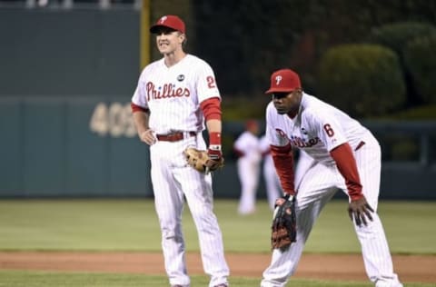 Apr 25, 2015; Philadelphia, PA, USA; Philadelphia Phillies second baseman Utley (26) and first baseman Howard (6) against the Atlanta Braves at Citizens Bank Park. Mandatory Credit: Eric Hartline-USA TODAY Sports