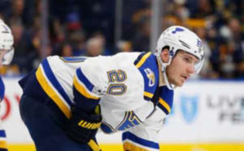 Feb 18, 2017; Buffalo, NY, USA; St. Louis Blues left wing Alexander Steen (20) against the Buffalo Sabres at KeyBank Center. Mandatory Credit: Timothy T. Ludwig-USA TODAY Sports