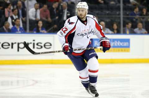 Feb 28, 2017; New York, NY, USA; Washington Capitals defenseman Kevin Shattenkirk (22) skates against the New York Rangers during the second period at Madison Square Garden. Mandatory Credit: Brad Penner-USA TODAY Sports