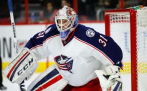 Jan 8, 2016; Raleigh, NC, USA; Columbus Blue Jackets goalie Anton Forsberg (31) watches the play against the Carolina Hurricanes at PNC Arena. The Carolina Hurricanes defeated the Columbus Blue Jackets 4-1. Mandatory Credit: James Guillory-USA TODAY Sports