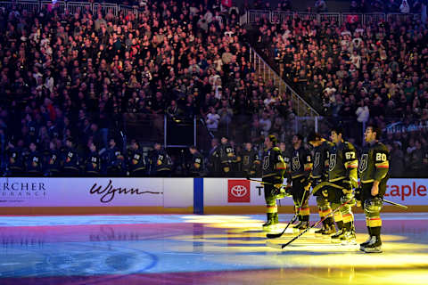 LAS VEGAS, NEVADA – JANUARY 04: Vegas Golden Knights players stand at attention during the national anthem prior to a game against the St. Louis Blues at T-Mobile Arena on January 04, 2020 in Las Vegas, Nevada. (Photo by Jeff Bottari/NHLI via Getty Images)