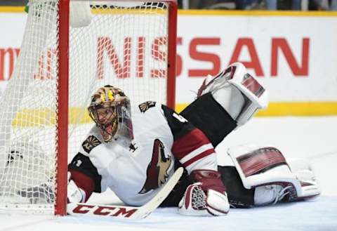 Dec 1, 2015; Nashville, TN, USA; Arizona Coyotes goalie Mike Smith (41) after making a save during the third period against the Nashville Predators at Bridgestone Arena. Mandatory Credit: Christopher Hanewinckel-USA TODAY Sports