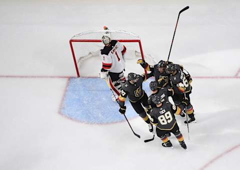 LAS VEGAS, NV – JANUARY 06: Max Pacioretty #67 of the Vegas Golden Knights celebrates after scoring a goal during the second period against the New Jersey Devils at T-Mobile Arena on January 6, 2019 in Las Vegas, Nevada. (Photo by Jeff Bottari/NHLI via Getty Images)