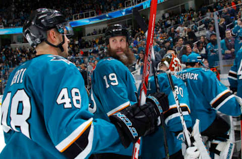 SAN JOSE, CA – JANUARY 20: Joe Thornton #19 of the San Jose Sharks looks on after the game against the Pittsburgh Penguins at SAP Center on January 20, 2018 in San Jose, California. (Photo by Rocky W. Widner/NHL/Getty Images)