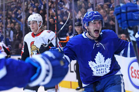 TORONTO, ON – FEBRUARY 06: Toronto Maple Leafs Left Wing Zach Hyman (11) celebrates a goal as Ottawa Senators Left Wing Ryan Dzingel (18) skates by during the regular season NHL game between the Ottawa Senators and Toronto Maple Leafs on February 6, 2019 at Scotiabank Arena in Toronto, ON. (Photo by Gerry Angus/Icon Sportswire via Getty Images)