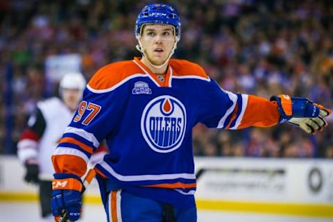 Mar 12, 2016; Edmonton, Alberta, CAN; Edmonton Oilers center Connor McDavid (97) reacts during the first period against the Arizona Coyotes at Rexall Place. Mandatory Credit: Sergei Belski-USA TODAY Sports