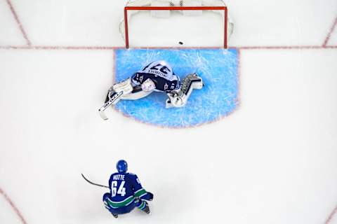 VANCOUVER, BC – NOVEMBER 19: Vancouver Canucks center Tyler Motte (64) scores a goal on Winnipeg Jets goalie Connor Hellebuyck (37) during their NHL game at Rogers Arena on November 19, 2018 in Vancouver, British Columbia, Canada. Winnipeg won 6-3. (Photo by Derek Cain/Icon Sportswire via Getty Images)