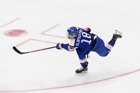 Juraj Slafkovsky #18 of Slovakia during the 2021 IIHF World Junior Championship 2020 (Photo by Codie McLachlan/Getty Images)