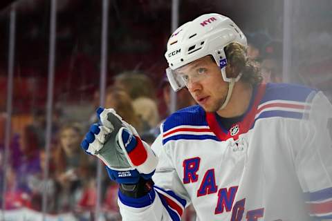 Nov 7, 2019; Raleigh, NC, USA; New York Rangers center Artemi Panarin (10) signals to a teammate before a game against the Carolina Hurricanes at PNC Arena. The Rangers won 4-2. Mandatory Credit: James Guillory-USA TODAY Sports