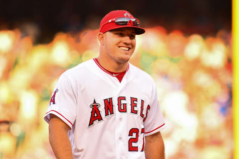 ANAHEIM, CA – JULY 08: Los Angeles Angels center fielder Mike Trout (27) looks on during a MLB game between the Los Angeles Dodgers and the Los Angeles Angels of Anaheim on July 8, 2018 at Angel Stadium of Anaheim in Anaheim, CA. (Photo by Brian Rothmuller/Icon Sportswire via Getty Images)