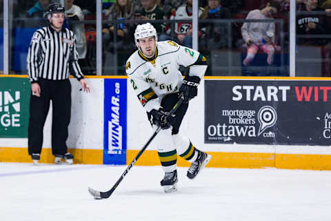 OTTAWA, ON – MARCH 04: London Knights Defenceman Evan Bouchard (2) skates with the puck during Ontario Hockey League action between the London Knights and Ottawa 67’s on March 4, 2018, at TD Place Arena in Ottawa, ON, Canada. (Photo by Richard A. Whittaker/Icon Sportswire via Getty Images)