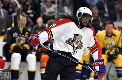 Jan 30, 2016; Nashville, TN, USA; Atlantic Division defenseman P.K. Subban (76) of the Montreal Canadiens wears a Jaromir Jagr jersey during the breakaway challenge during the 2016 NHL All Star Game Skills Competition at Bridgestone Arena. Mandatory Credit: Christopher Hanewinckel-USA TODAY Sports