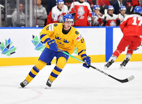 EDMONTON, AB – AUGUST 20: Linus Sjodin #18 of Sweden skates during the game against Czechia in the IIHF World Junior Championship on August 20, 2022 at Rogers Place in Edmonton, Alberta, Canada (Photo by Andy Devlin/ Getty Images)