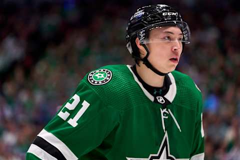 DALLAS, TX – MAY 13: Jason Robertson #21 of the Dallas Stars looks on against the Calgary Flames during the second period in Game Six of the First Round of the 2022 Stanley Cup Playoffs at American Airlines Center on May 13, 2022 in Dallas, Texas. (Photo by Cooper Neill/Getty Images)