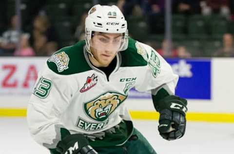 EVERETT, WA – APRIL 07: Everett Silvertips center Connor Dewar (43) accelerates with the puck in the neutral zone during Game 2 of the playoff series between the Everett Silvertips and the Spokane Chiefs on Sunday, April 7, 2019, at Angel of the Winds Arena in Everett, WA. (Photo by Christopher Mast/Icon Sportswire via Getty Images)