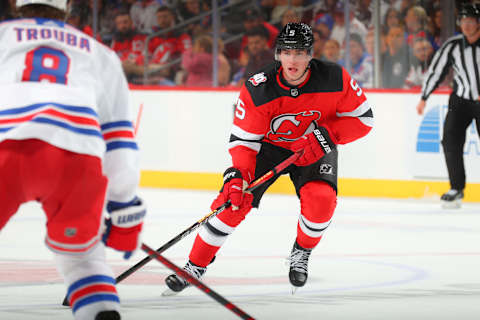 Simon Nemec #5 of the New Jersey Devils. (Photo by Rich Graessle/Getty Images)