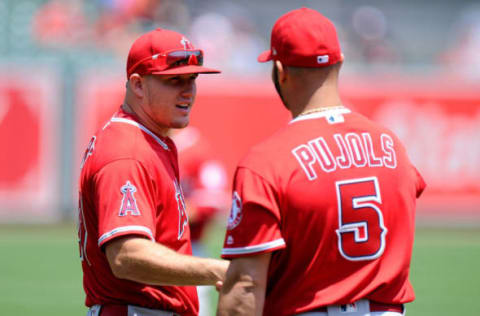 BALTIMORE, MD – JULY 01: Mike Trout #27 talks with Albert Pujols #5 of the Los Angeles Angels before the game against the Baltimore Orioles at Oriole Park at Camden Yards on July 1, 2018 in Baltimore, Maryland. (Photo by Greg Fiume/Getty Images)