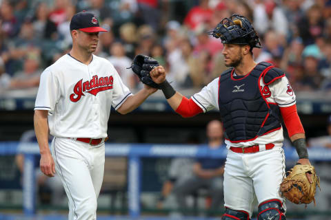 CLEVELAND, OH – AUGUST 31: Cleveland Indians starting pitcher Corey Kluber (28) is congratulated by Cleveland Indians catcher Yan Gomes (7) following the third inning of the Major League Baseball game between the Tampa Bay Rays and Cleveland Indians on August 31, 2018, at Progressive Field in Cleveland, OH. (Photo by Frank Jansky/Icon Sportswire via Getty Images)