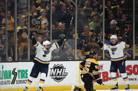 BOSTON, MASSACHUSETTS – JUNE 06: David Perron #57 of the St. Louis Blues celebrates with teammate Tyler Bozak #21 after scoring a third-period goal as Noel Acciari #55 of the Boston Bruins reacts during Five of the 2019 NHL Stanley Cup Final at TD Garden on June 06, 2019 in Boston, Massachusetts. (Photo by Dave Sandford/NHLI via Getty Images)