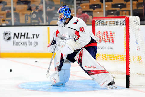 BOSTON, MA – SEPTEMBER 16: Washington Capitals goalie Vitek Vanecek (41) warms up before a preseason game on September 16, 2018, between the Boston Bruins and the Washington Capitals at TD Garden in Boston, Massachusetts. The Bruins defeated the Capitals 2-1 (SO). (Photo by Fred Kfoury III/Icon Sportswire via Getty Images)