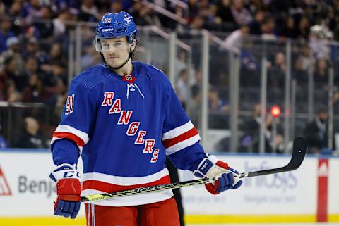 NEW YORK, NEW YORK – OCTOBER 29: Sammy Blais #91 of the New York Rangers looks on during the second period against the Columbus Blue Jackets at Madison Square Garden on October 29, 2021 in New York City. (Photo by Sarah Stier/Getty Images)