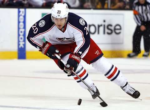 Feb 22, 2016; Boston, MA, USA; Columbus Blue Jackets left wing Brandon Saad (20) during the third period of the Columbus Blue Jackets 6-4 win over the Boston Bruins at TD Garden. Mandatory Credit: Winslow Townson-USA TODAY Sports