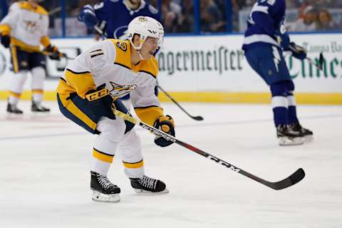 TAMPA, FL – SEPTEMBER 22: Nashville Predators right wing Eeli Tolvanen (11) skates in the first period of the NHL preseason game between the Nashville Predators and Tampa Bay Lightning on September 22, 2018, at Amalie Arena in Tampa, FL. (Photo by Mark LoMoglio/Icon Sportswire via Getty Images)