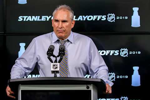 WINNIPEG, MB – APRIL 18: Head Coach Craig Berube of the St. Louis Blues answers questions in the post-game press conference following a 3-2 victory over the Winnipeg Jets in Game Five of the Western Conference First Round during the 2019 NHL Stanley Cup Playoffs at the Bell MTS Place on April 18, 2019 in Winnipeg, Manitoba, Canada. The Blues lead the series 3-2. (Photo by Jonathan Kozub/NHLI via Getty Images)