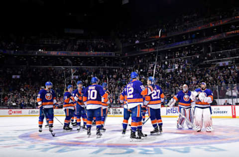 NEW YORK, NY – APRIL 09: The New York Islanders salute the fans after their 4-2 victory over the Ottawa Senators during an NHL game at Barclays Center on April 9, 2017 in New York City. (Photo by Steven Ryan/NHLI via Getty Images)