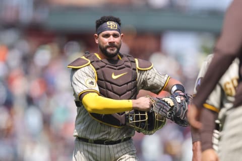 Jun 22, 2023; San Francisco, California, USA; San Diego Padres catcher Gary Sanchez (99) after the game against the San Francisco Giants at Oracle Park. Mandatory Credit: Sergio Estrada-USA TODAY Sports