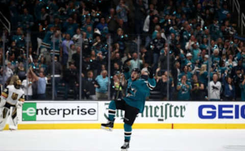 SAN JOSE, CALIFORNIA – APRIL 23: Kevin Labanc #62 of the San Jose Sharks celebrates after he scored the go-ahead goal in the third period against the Vegas Golden Knights in Game Seven of the Western Conference First Round during the 2019 NHL Stanley Cup Playoffs at SAP Center on April 23, 2019 in San Jose, California. (Photo by Ezra Shaw/Getty Images)