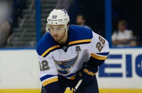 Feb 14, 2016; Tampa, FL, USA; St. Louis Blues defenseman Kevin Shattenkirk (22) during the second period at Amalie Arena. Mandatory Credit: Kim Klement-USA TODAY Sports