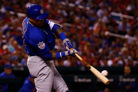 ST. LOUIS, MO – JULY 29: Javier Baez #9 of the Chicago Cubs hits a two-run double against the St. Louis Cardinals in the fifth inning at Busch Stadium on July 29, 2018 in St. Louis, Missouri. (Photo by Dilip Vishwanat/Getty Images)