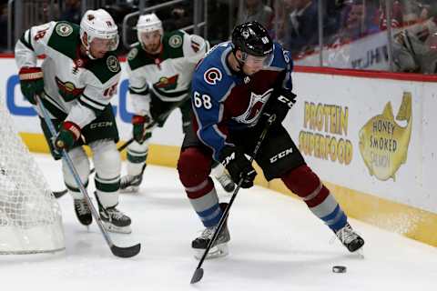 DENVER, CO – SEPTEMBER 24: Conor Timmins #68 of the Colorado Avalanche brings the puck out from behind the net against the Minnesota Wild at the Pepsi Center on September 24, 2017 in Denver, Colorado. (Photo by Matthew Stockman/Getty Images)