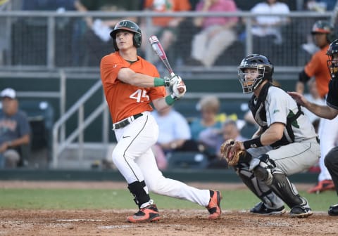 11 March 2015: University of Miami outfielder Carl Chester (45) at bat against Stetson University at Alex Rodriguez Park at Mark Light Field, Coral Gables, Florida, in Miami’s 7-0 victory. (Photo by Richard C. Lewis/Icon Sportswire/Corbis via Getty Images)