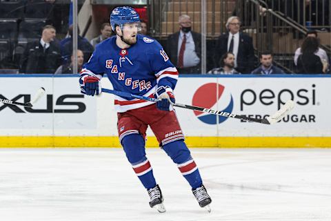 Feb 24, 2022; New York, New York, USA; New York Rangers left wing Alexis Lafreniere (13) skates during the third period against the Washington Capitals at Madison Square Garden. Mandatory Credit: Vincent Carchietta-USA TODAY Sports