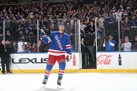 NEW YORK, NY – DECEMBER 01: Michael Grabner #40 of the New York Rangers salutes the crowd after being named the first star of the game against the Carolina Hurricanes at Madison Square Garden on December 1, 2017 in New York City. (Photo by Jared Silber/NHLI via Getty Images)