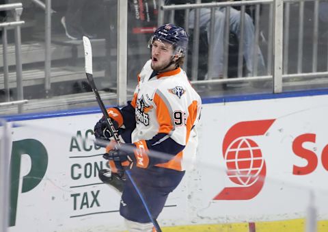 LONDON, ON – MARCH 08: Ethan Keppen #92 of the Flint Firebirds celebrates after scoring a goal in the first period during OHL game action against the London Knights at Budweiser Gardens on March 8, 2019 in London, Canada. (Photo by Tom Szczerbowski/Getty Images)