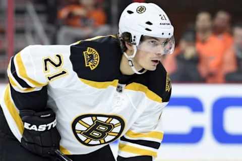 Jan 25, 2016; Philadelphia, PA, USA; Boston Bruins left wing Loui Eriksson (21) during second period against the Philadelphia Flyers at Wells Fargo Center. The Burins defeated the Flyers, 3-2. Mandatory Credit: Eric Hartline-USA TODAY Sports