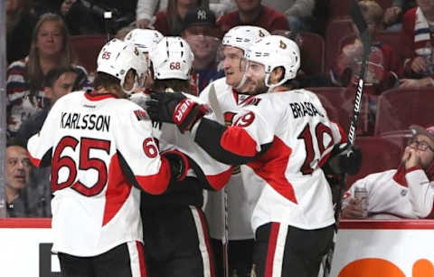 NHL Team Name Origins: Ottawa Senators right wing Mark Stone (61) celebrates his goal against Montreal Canadiens at Bell Centre. Mandatory Credit: Jean-YvesAhern-USA TODAY Sports