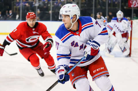 NEW YORK, NY – FEBRUARY 08: New York Rangers Defenceman Tony DeAngelo (77) in action during the third period of the National Hockey League game between the Carolina Hurricanes and the New York Rangers on February 8, 2019 at Madison Square Garden in New York, NY. (Photo by Joshua Sarner/Icon Sportswire via Getty Images)