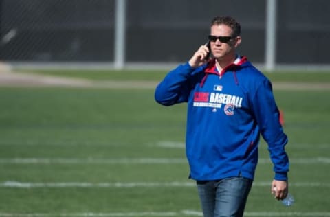 February 25, 2015; Mesa, AZ, USA; Chicago Cubs president of baseball operations Theo Epstein during a spring training workout at Sloan Park. Mandatory Credit: Kyle Terada-USA TODAY Sports