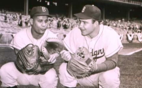 Roy Campanella with fellow Dodger catcher Rube Walker in 1953. (Photo Reproduction by Transcendental Graphics/Getty Images)