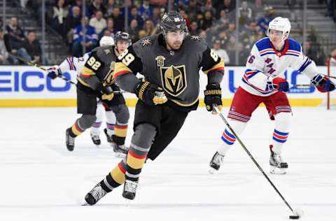 LAS VEGAS, NV – JANUARY 7: Alex Tuch #89 of the Vegas Golden Knights skates with the puck against the New York Rangers during the game at T-Mobile Arena on January 7, 2018, in Las Vegas, Nevada. (Photo by Jeff Bottari/NHLI via Getty Images)