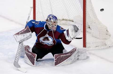 Dec 22, 2016; Denver, CO, USA; Colorado Avalanche goalie Semyon Varlamov (1) watches a shot go wide in the first period against the Toronto Maple Leafs at the Pepsi Center. The Maple Leafs won 6-0. Mandatory Credit: Isaiah J. Downing-USA TODAY Sports