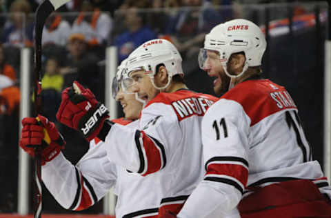 NEW YORK, NEW YORK – APRIL 28: Nino Niederreiter #21 of the Carolina Hurricanes (c) celebrates his goal at 1:05 of the third period against the New York Islanders in Game Two of the Eastern Conference Second Round during the 2019 NHL Stanley Cup Playoffs at the Barclays Center on April 28, 2019 in the Brooklyn borough of New York City. (Photo by Bruce Bennett/Getty Images)