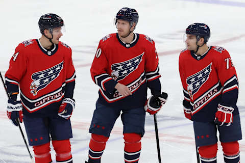 Richard Panik, Lars Eller, Conor Sheary, Washington Capitals Mandatory Credit: Geoff Burke-USA TODAY Sports