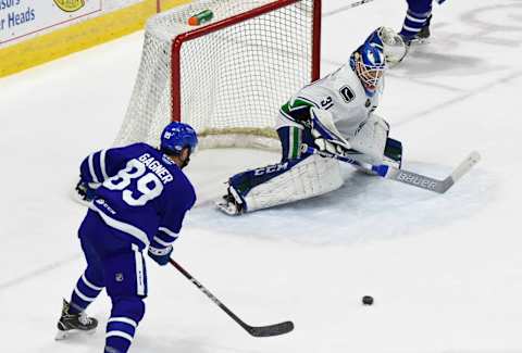 TORONTO, ON – JANUARY 9: Sam Gagner #89 of the Toronto Marlies fires a shot on goalie Ivan Kulbakov #31 of the Utica Comets during AHL game action on January 9, 2019 at Coca Cola Coliseum in Toronto, Ontario, Canada. (Photo by Graig Abel/Getty Images)